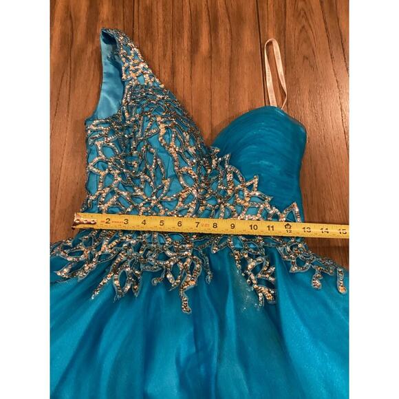 Sherri Hill Short Turquoise One Shoulder Prom glam Homecoming Balloon Dress 4 - Picture 4 of 11